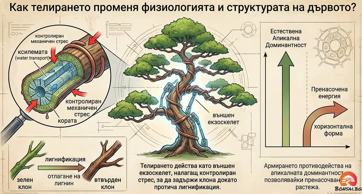 Инфографика на напречно сечение на клон, илюстрираща клетъчната адаптация и втвърдяване при телиране на бонсай.