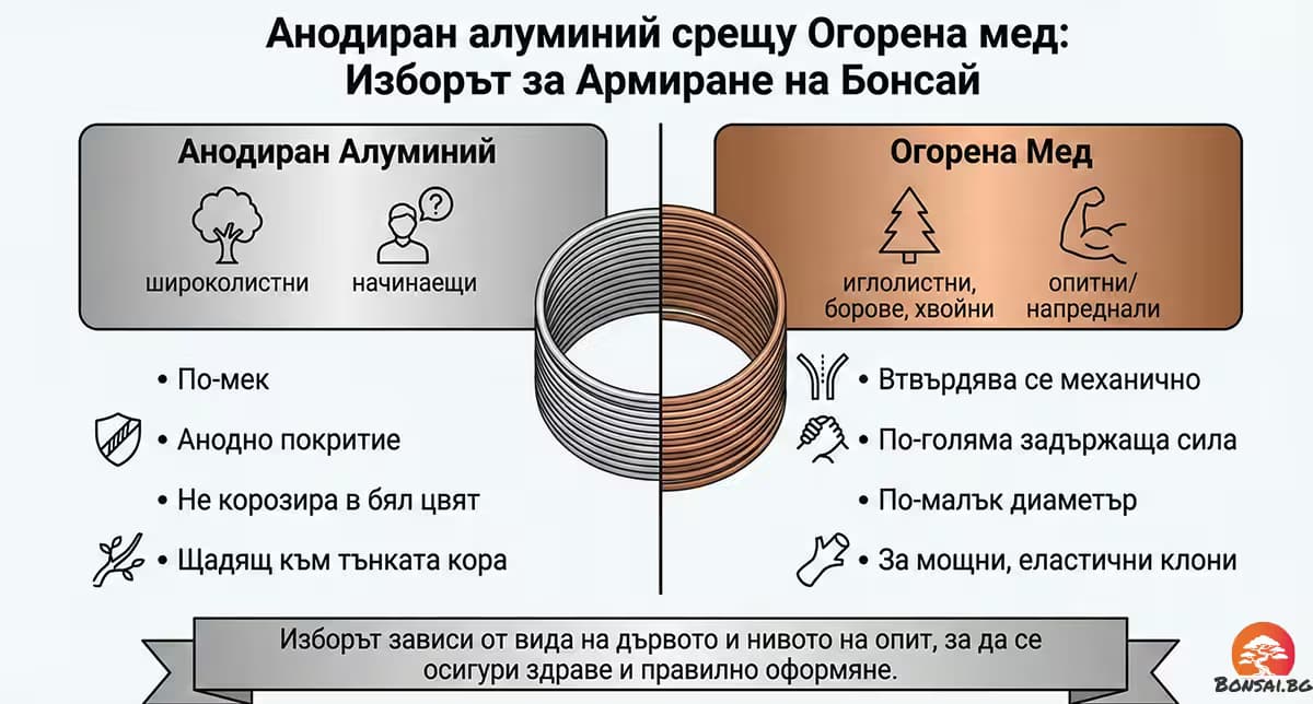 Сравнение на физическите свойства: анодиран алуминий (мек, за широколистни) срещу огорена мед (твърда, за иглолистни)