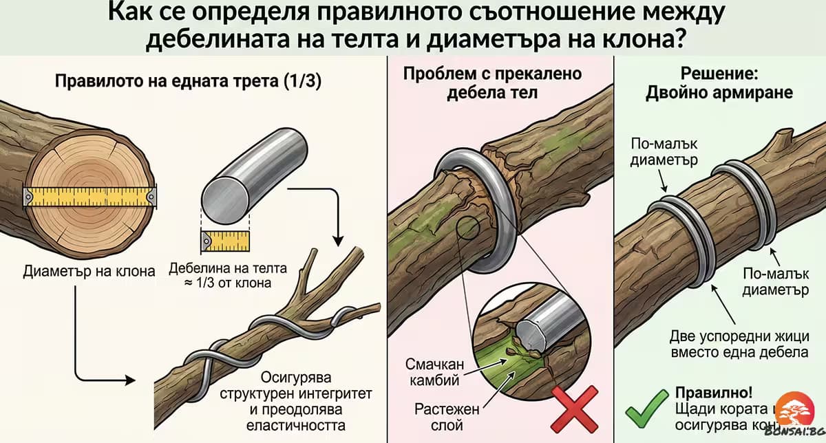 Илюстрация на съотношението 1:3 между дебелината на телта и бонсай клона за структурна устойчивост.