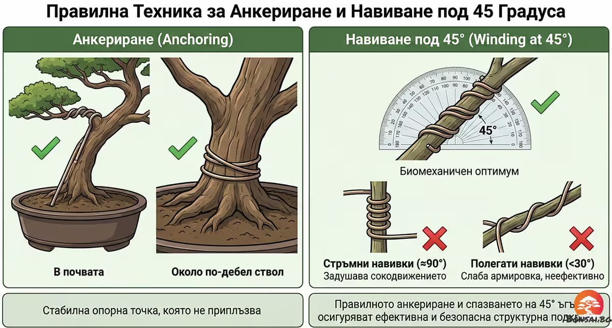 Техническа схема за правилно анкериране и навиване на тел под 45 градуса спрямо оста на клона.