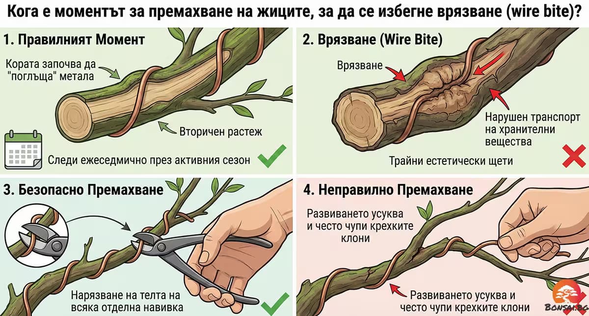 Визуално ръководство за разпознаване на белези от врязване на тел в кората на бонсай и етапи на увреждане.