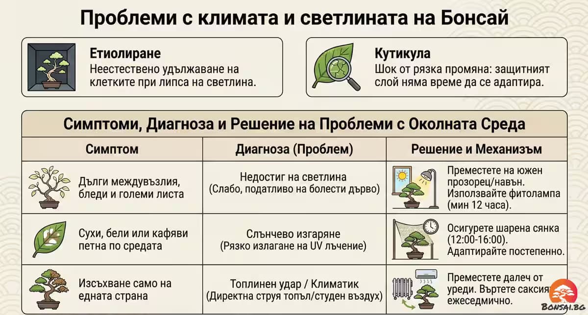Проблеми със светлината и климата при бонсай