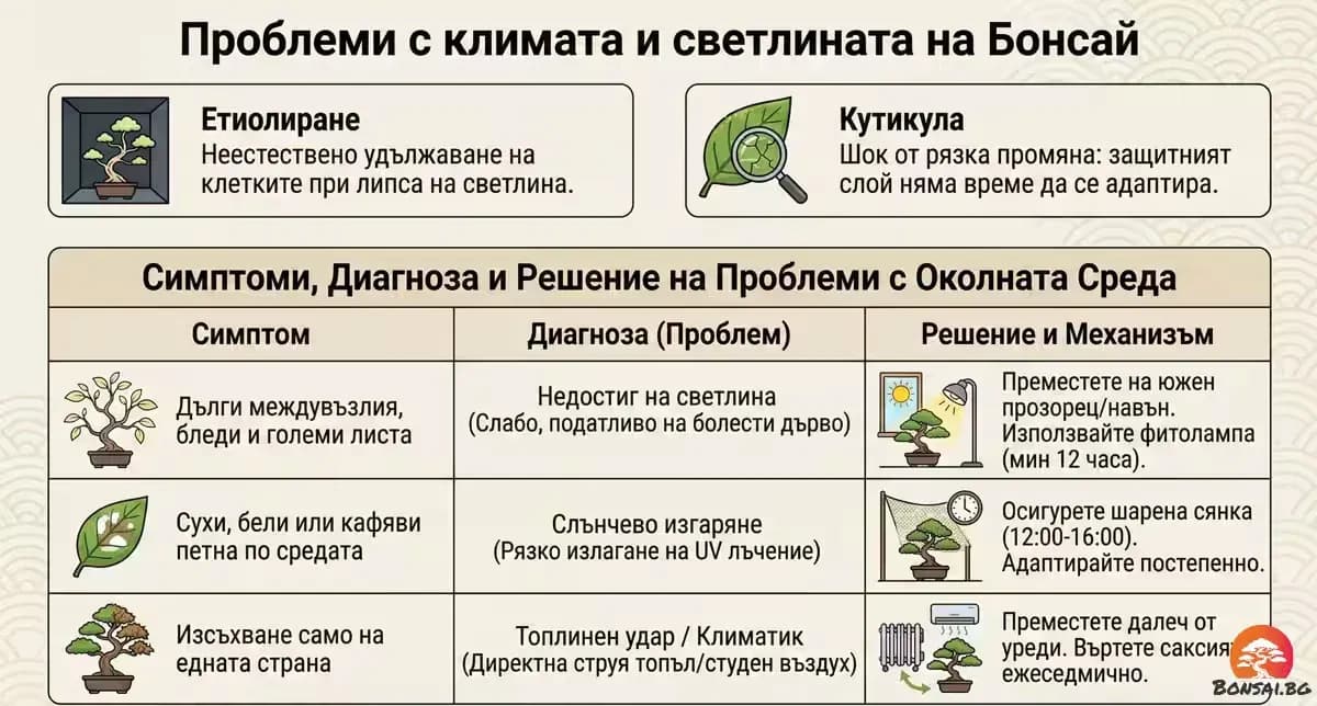 Проблеми със светлината и климата при бонсай