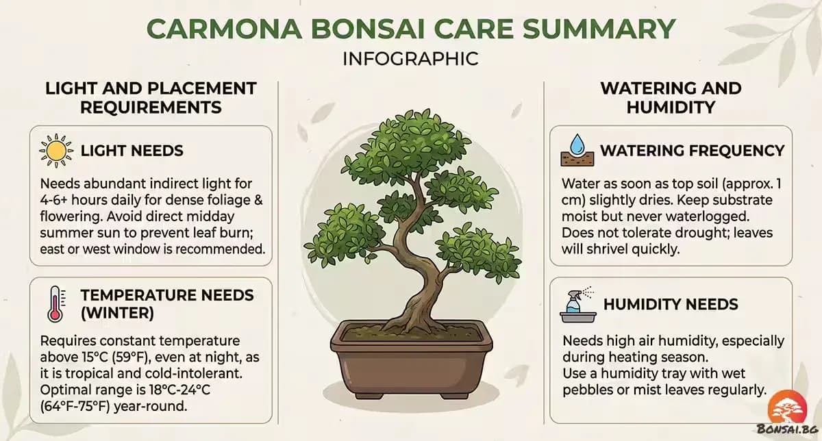 Инфографика: Основни грижи за Бонзай Кармона (carmona)