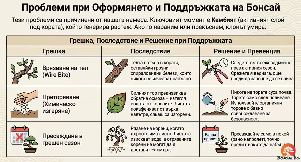 Бонсай проблеми при поддръжка и оформяне