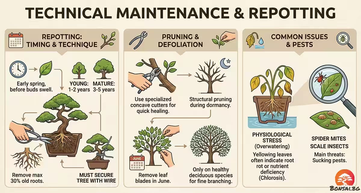 Пресаждане, подрязване и проблеми при бонсай