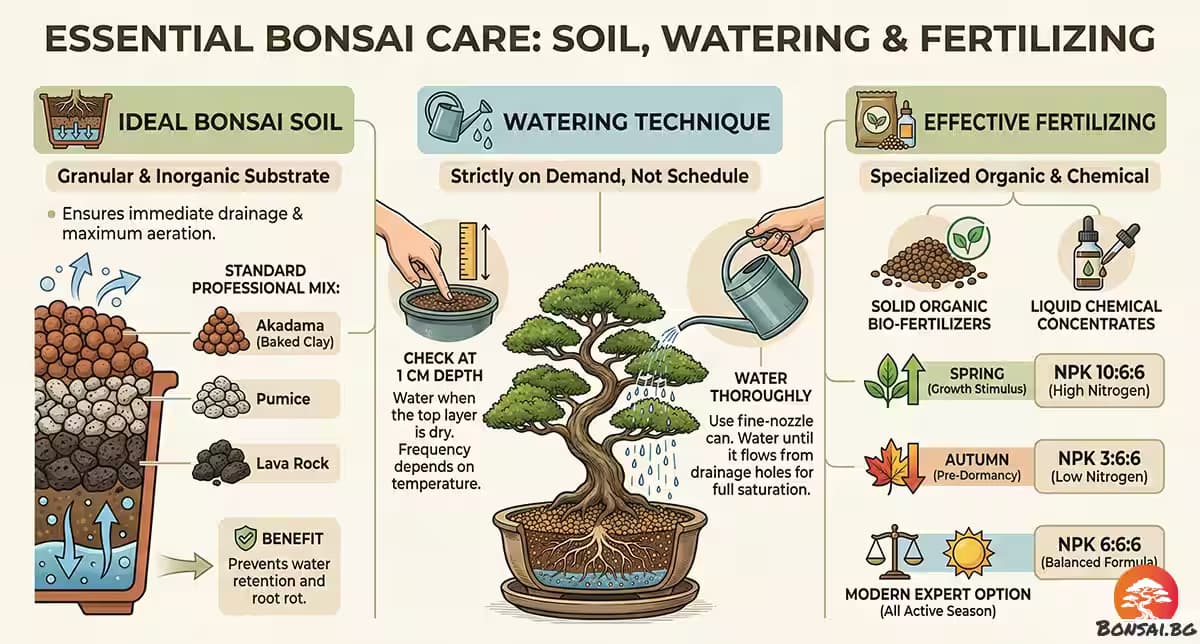 Бонсай: Почва, Поливане и Торене