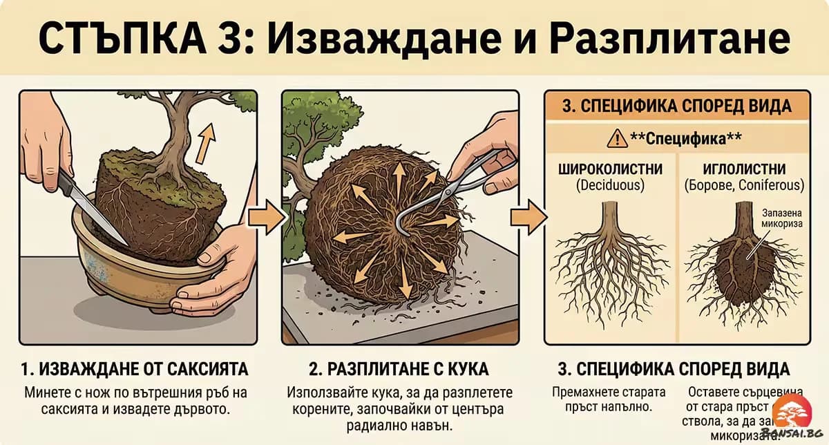 Изваждане на бонсая от старата саксия