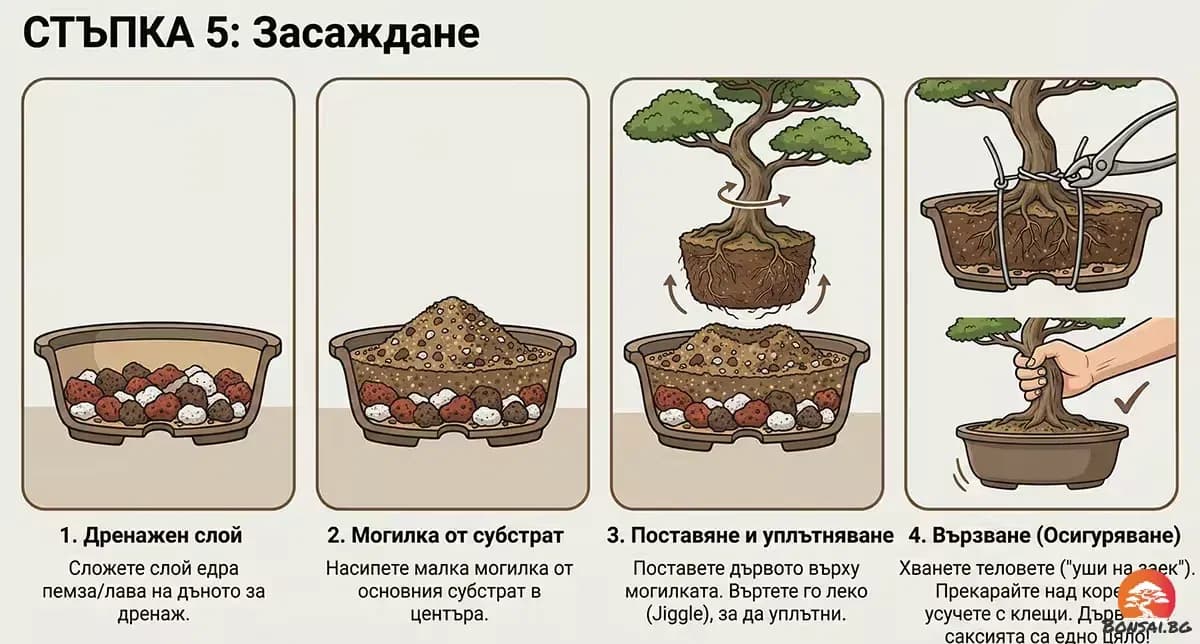 Засаждане на бонсай в нова саксия