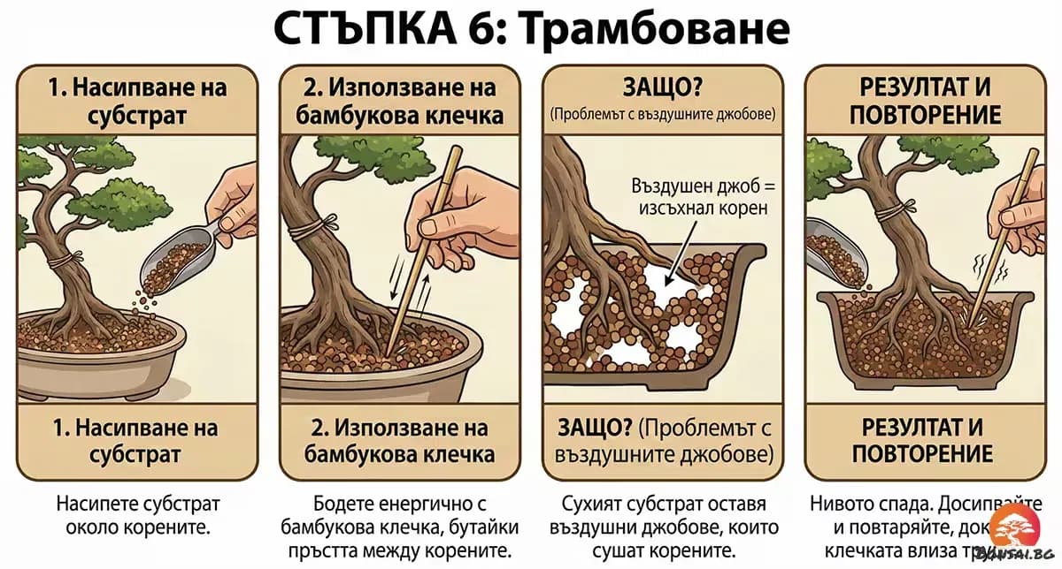 Трамбоване на почвената смес на пресадения бонсай