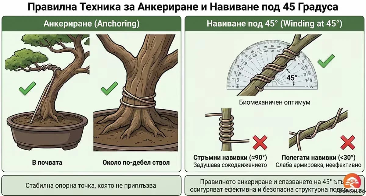 Техническа схема за правилно анкериране и навиване на тел под 45 градуса спрямо оста на клона.