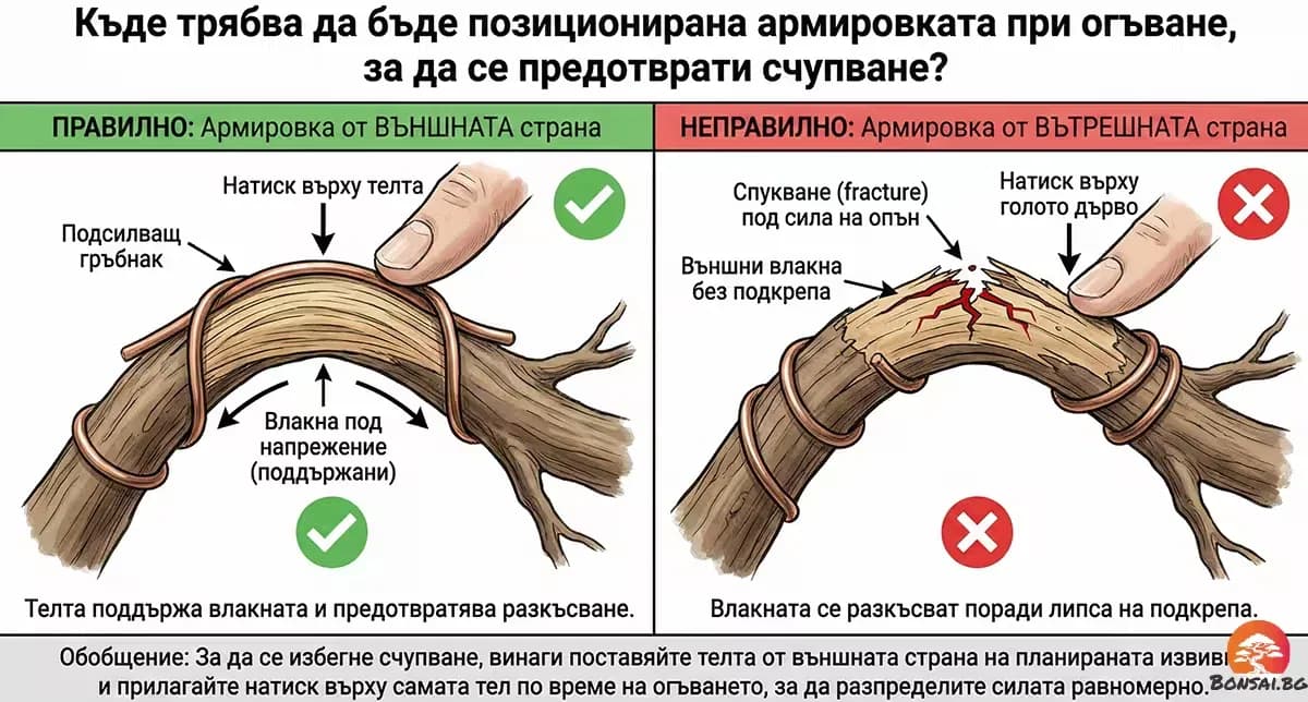 Схема на силите при огъване на клон, показваща правилната позиция на телта като външна опора.