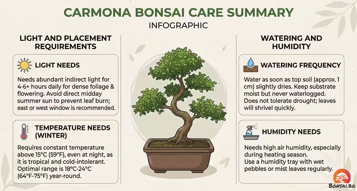 Инфографика: Основни грижи за Бонзай Кармона (carmona)