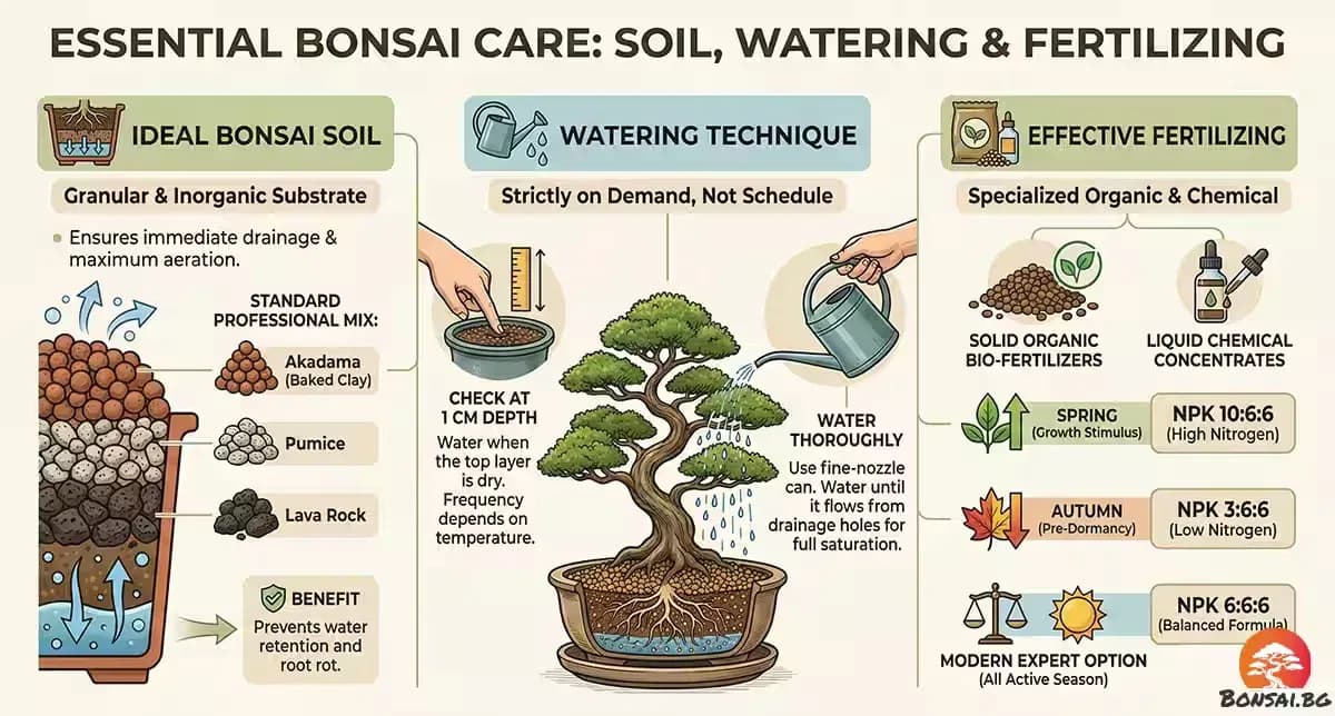 Бонсай: Почва, Поливане и Торене