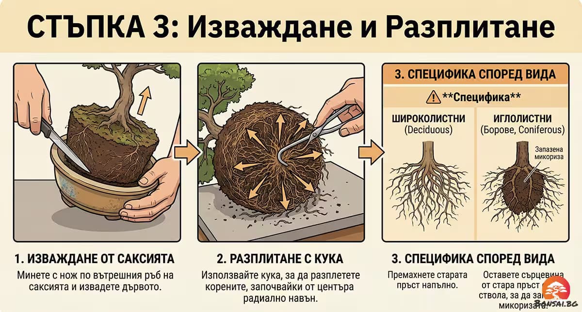 Изваждане на бонсая от старата саксия
