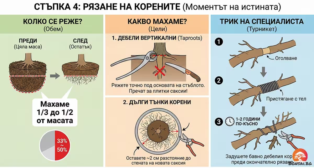 Изрязване на старите корени преди пресаждане на бонсай