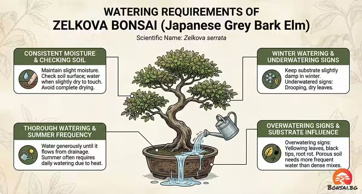 Изискванията за поливане на бонсай Зелкова